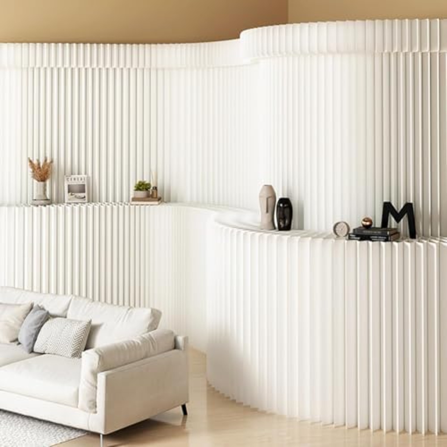 Partition Screen Divider - Paper Room Divider with Shelves, Retractable